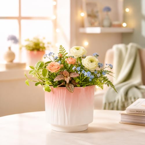 Image of Xtore Graceful Ribbed Ceramic Planter for Home & Office Decor | Modern Indoor Flower Pot with Soft Pink Finish for Living Room, Bedroom, Desk, Shelf, Balcony & Window Styling (Soft Pink)