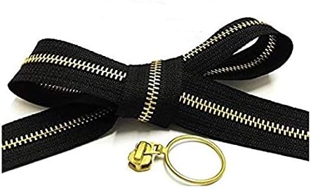 YKK - Zipper Repair Kit Solution, 5 Brass Metal Zipper Chain 15 Yards Color Black -Choice of 12 Pulls of YKK #5 Brass Slider - Made in USA (Auto Locking Ring Pull Slider)