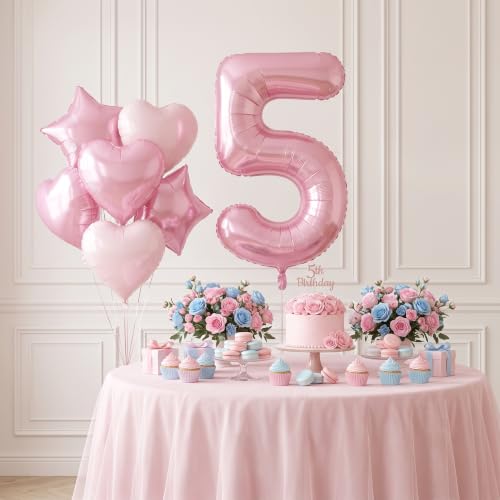 Image of TONIFUL 5th Birthday Balloons Kit 40 Inch Pink Large Number 5 Foil Balloon | with 18 Inch Helium Foil Star Shaped Balloons for Girls Women Birthday Anniversary Graduation New Year Eve Party Decoration