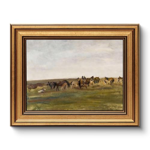 Image of HUARCEY Gold Framed Vintage Wall Art for Living Room, Animals Painting Prints Shelf Decor for Kitchen, Aesthetic Bedroom Wall Art, Best Gifts for Friends or Family - Horses in the Meadow 10L x 8W