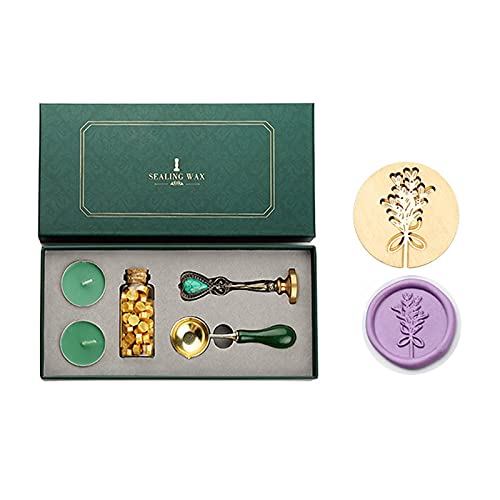 Holzsammlung Retro Sello de Cera Kit, con Cuchara para Derretir, Sello Latón, 2 Piezas de Velas de Blanco, Perlas de Cera, para Invitaciones de Boda, Envoltura de Vino, Tarjetas Felicitación Cover