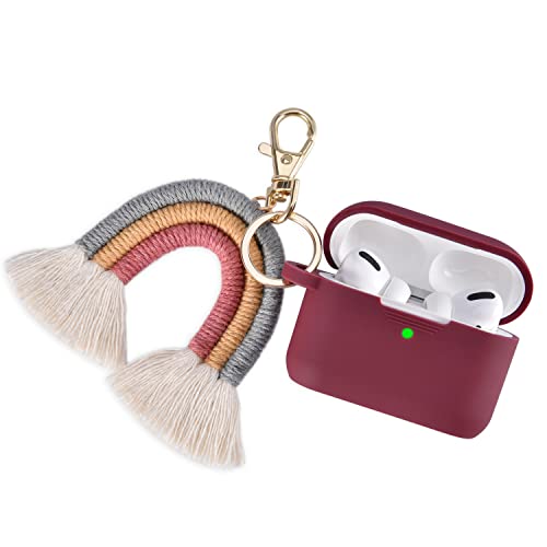 Airpod Pro Case Cover with Macrame Keychains, QINGQING Full Protective Silicone AirPods Pro Wireless Charging Case for Women Girl, Cute Air Pods Pro Case with Boho Rainbow Tassel Keychain (Burgundy)