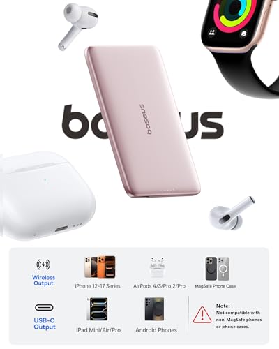Image of Baseus Picogo Power Bank, 0.3 inch Ultra Slim 5000mAh MagSafe Portable Charger, Card-Size Magnetic Battery Pack with USB-C Braided Cable, Alloy Wireless Charger for iPhone 17 Pro Max /17 Air /16 /15 /14 /13 /12