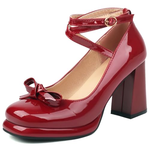YIYA Women's Platform Mary Jane Shoes Pumps Heels Bow Lolita Platform Chunky Block High Heels Close Round Toe Ankle Buckle Strappy Cute Party Dress Shoes