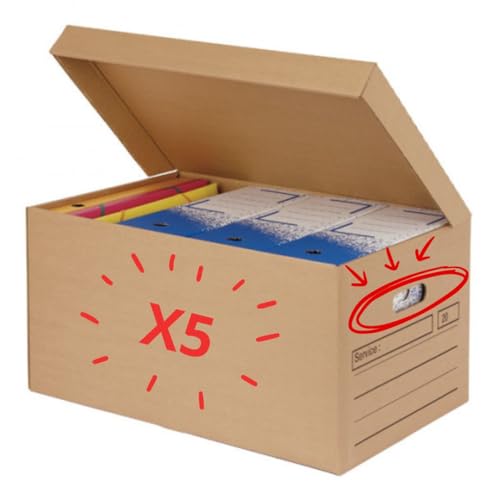 Générique Lot de 5 Boîtes Carton Couvercle Rabat Intégré | 52x35x25CM | Caisse de Rangement et Classement Archives - Stockage | Poignées de Transport | 100%...