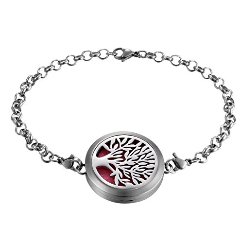 OIDEA Stainless Steel Locket Aromatherapy Essential Oil Diffuser Bracelet,Life Tree Charm Link Wristband