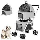 BETSOCCI Double Dog Stroller with 2 Detachable Carrier, Portable Pet Stroller for Small Dogs & Cats Folding Lightweight Puppy Travel Carriage, 4 Wheels, Grey