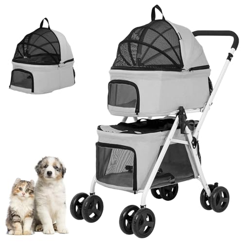 BETSOCCI Double Dog Stroller with 2 Detachable Carrier, Portable Pet Stroller for Small Dogs & Cats Folding Lightweight Puppy Travel Carriage, 4 Wheels, Grey