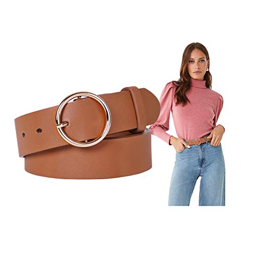 Women Leather Belt SUOSDEY Fashion Soft Faux Brown Leather Waist Belts with O-Ring Buckle for Jeans Dress,brown,30-34