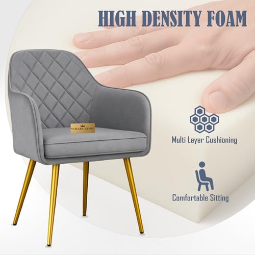 Image of Barfi Velvet Dining Chair | Set of 2 Premium Accent Chair with Armrest, Padded Seat and Metal Legs | Comfy Chair for Home, Office & Restaurents | (Light Grey with Puffy)