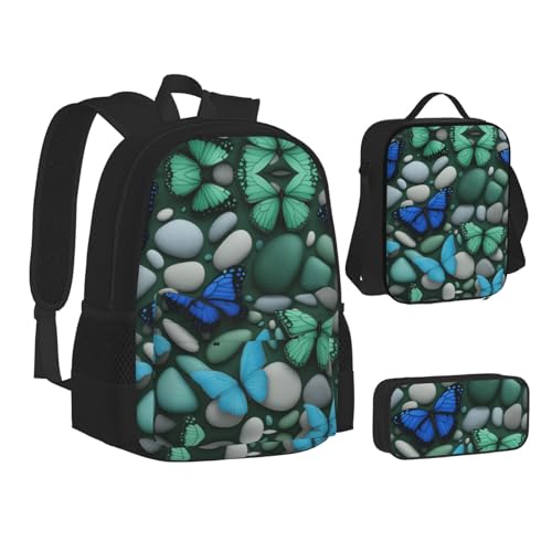 nanger Blue Butterfly Green Butterfly And Stone Print 3-Piece Set Backpack, Lunch Bag And Pencil Case, For Travel, College, And Daily Use2