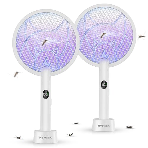 Nymrix Raqueta eléctrica matamoscas 2 en 1, matamosquitos de 4100 V, matamosquitos de mano con batería recargable de 1800 mAh, luz púrpura y malla de seguridad de 3 capas para interiores y exteriores