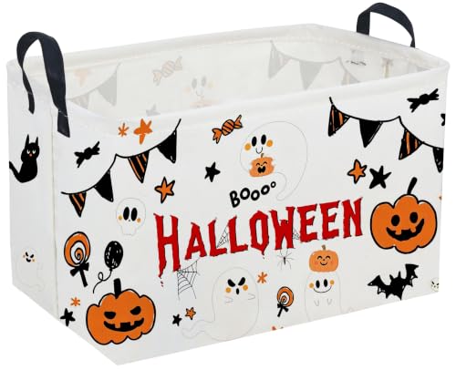 Image of Sanjiaofeng Rectangular Halloween Ghost Storage Basket,Halloween Basket.Cute Baskets for Room Decor, Pumpkin Baskets with Handles.Books Bins,Gifts Box(White Ghost)
