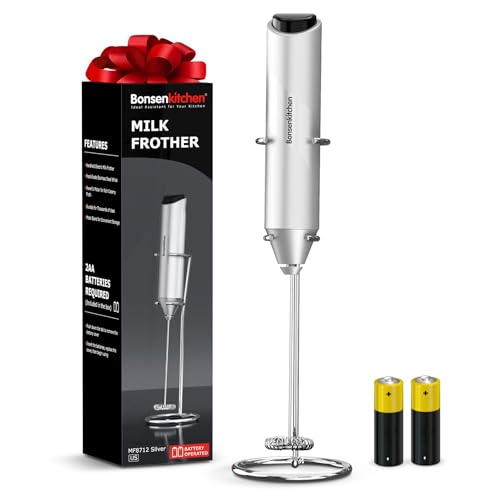 Bonsenkitchen Powerful Milk Frother with Stand for Coffee, Fast Handheld Drink Mixer with Stainless Steel Whisk, Battery Operated Hand Frother Stirrer Wand-Silver