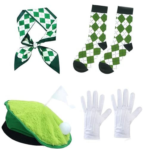 Accessoires de costume de golf amusants : ensemble 4 pièces écharpe et bonnet de golfeur