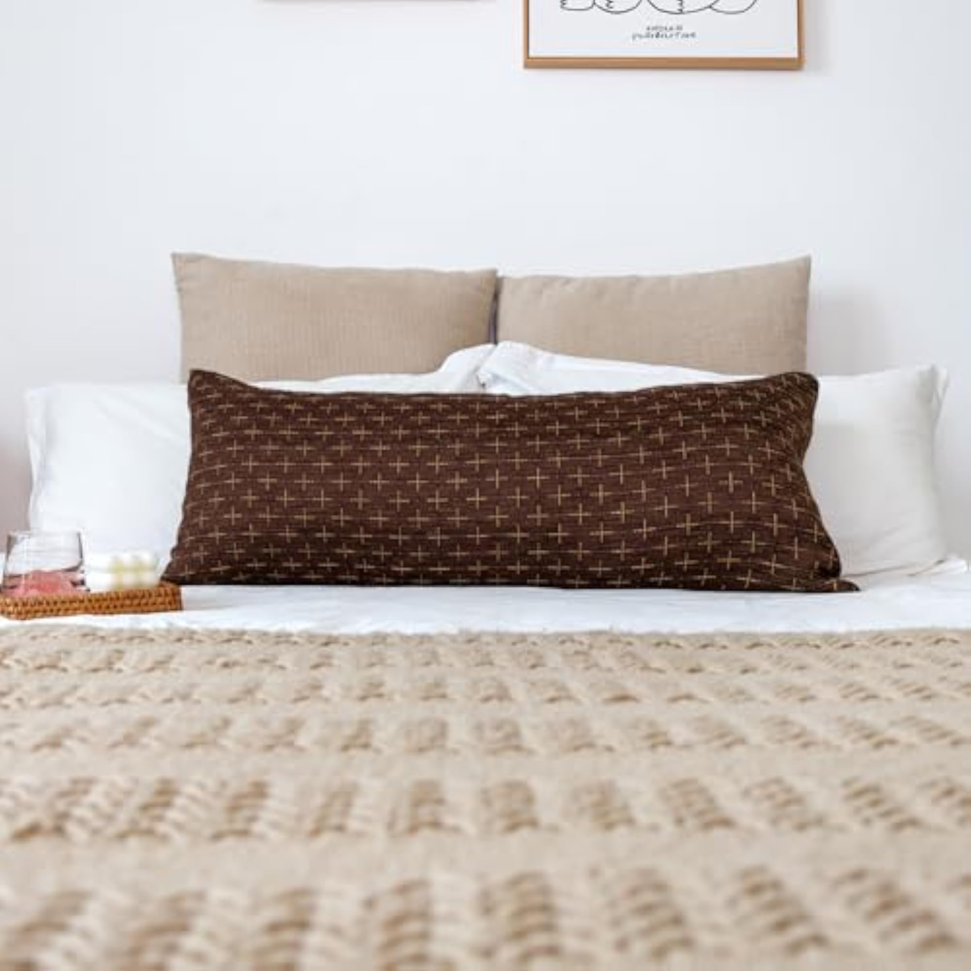 Cross Pattern Lumbar Pillow Cover, Dark Coffee Decorative Cushion