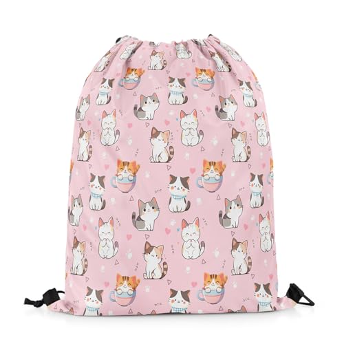 jejeloiu Pink Cat Sports Drawstring Sackpack Cartoon Cat Drawstring Backpack Cartoon Kiteen Print Drawstring Bags 13"x15.7" Animals Theme Waterproof Cinch Bag2