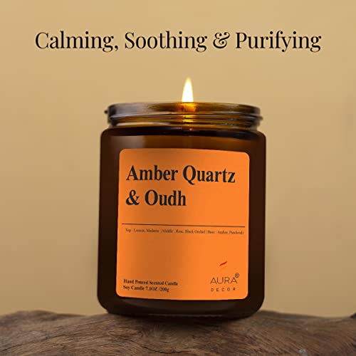 Image of AuraDecor Scented Jar Candle | Handpoured Soy Wax Candle with Long Lasting Burn Time | Premium Amber Jar Aromatherapy Candle | Ideal Gift for Home & Decor (Extra Large, Amber Quartz & Oudh)