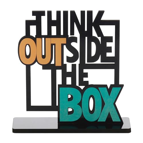 Amazon Brand - Solimo Wooden Think Outside The Box Quote Showpiece Item for Study Table and Bookshelf|Home Decor Items,15.2 Cm,6 Inch