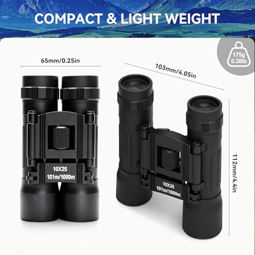 Image of 10x25 Compact Binoculars for Kids Adults, 101 to 1000m Vision Easy Focus Telescope Only 164g Waterproof FMC Multilayer Small Binoculars Toy for Bird Watching Outdoor Travel Sports with Neck String