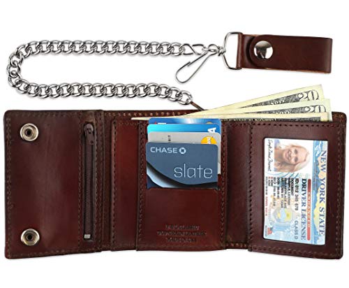 Image of RFID Blocking Men's Tri-fold Vintage Biker Cowhide Leather Steel Chain Wallet,Snap closure, Made In USA,at315-42,eagle,brown