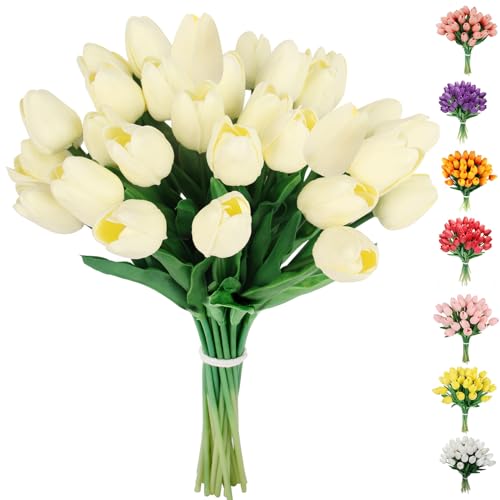 30 pcs Artificial Tulips Flowers Fake Latex Tulip Stems Real Touch Faux Cream White Tulips Flower for Easter Spring Wedding Bouquet Centerpiece Floral Arrangement Wedding Cemetery Table Decor