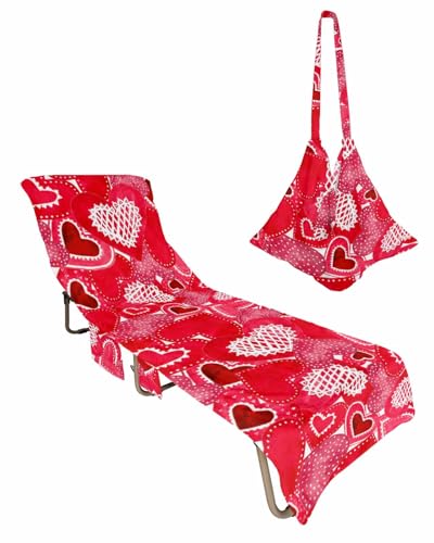 Red Love Heart Valentines Beach Lounge Chair Towel Cover, Soft Chaise Lounge Towel with Side Pockets Patio Pool Chairs Cover for Beach/Pool Sunbathing 29x85 Watercolor Red Pink