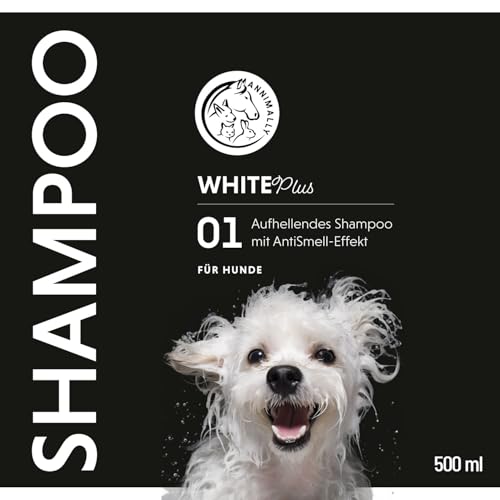 Annimally White Plus Shampoo - Natürliches Hundeshampoo für weißes Fell mit Kokosöl & Zuckertensid, geruchs- und ph-neutral, ohne Bleichmittel & Parfüm - 500 ml