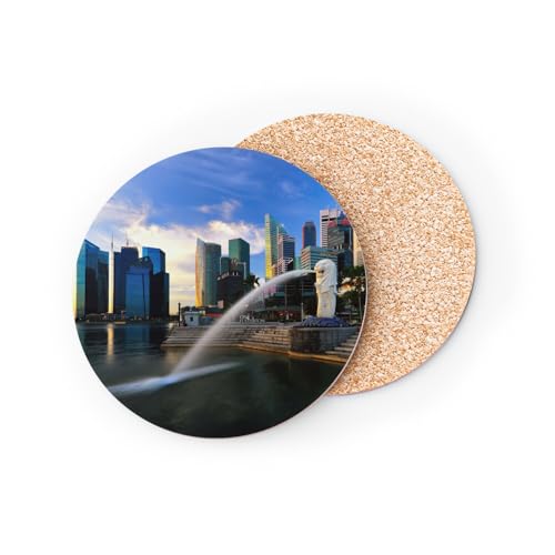 sous Verre Ronds Base Liège- Singapour Baie Ville Nuit Grattes Ciel Merlion Decoration - 1 unité (95 x 95 mm)