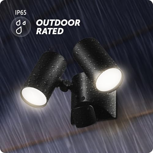 Image of Globe Electric 180-Degree 22W Twin Head Black Hardwired Motion Activated Diecast Architectural Security Light, Spotlight, Outdoor, Outside House Lights