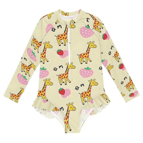 ALAZA Swimsuit for Girls Long Sleeve Rashguard Bathing Suit Strawberry Giraffes Quick Dry 4T