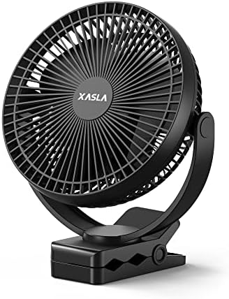 xasla 10000mAh Portable Clip on Fan, 8 inch Rechargeable Battery Operated Fan, 24 Hours Work Time, Quiet USB Fan, 4 Speeds Personal Fan, Ideal for Outdoor Camping Golf Cart Home Office Black
