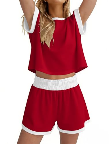 Image of MISSACTIVER 2 Piece Lounge Set Women Stripe Knit Short Sleeve Tee Shirts Shorts Casual Summer Loungewear Shorts Sets