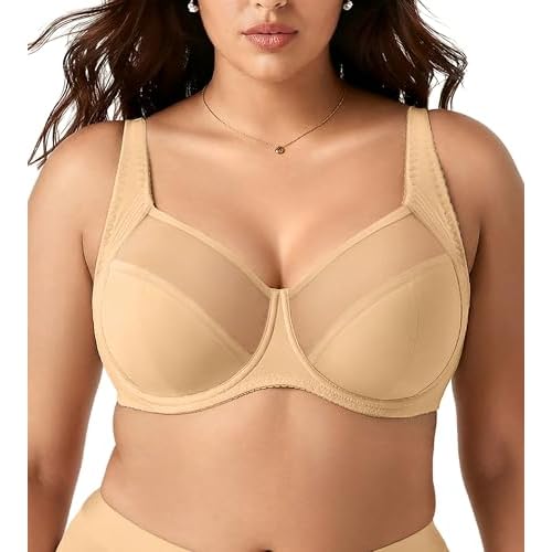 SHARICCA Underwire Bras for Women, Plus Size Mesh Bralette, Unlined Full Coverage Bra Skin01 40C