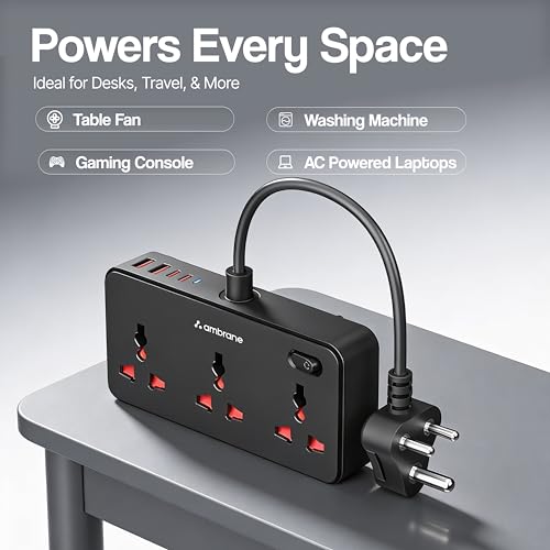 Image of Ambrane 7-in-1 Extension Board, 2 USB, 2 Type C, 3 AC Sockets 2500W, Perfect for Compact Spaces, Charge 7 Devices from 1 Socket, Hangable Cable Design, Works with All Devices (Smartstrip 5, Black)