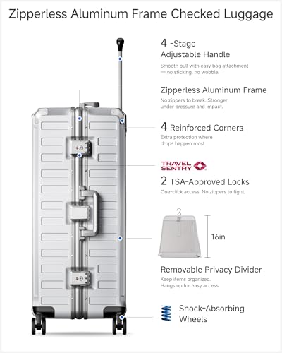 Image of LUGGEX Checked Suitcase with Spinner Wheels, 8010S Aluminum Frame Zipperless Polycarbonate Hard Shell Suitcase (ZX-Core, Silver Ivory, 28 Inch)