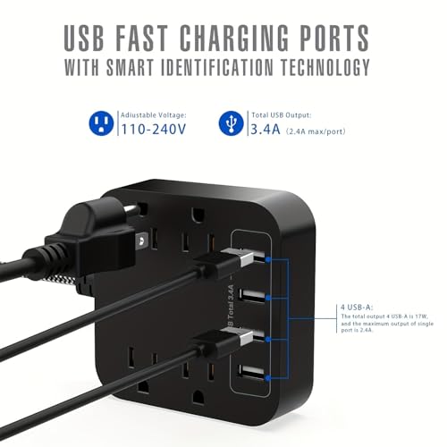 Extensión con enchufe plano, 5 pies, filtro múltiple con 4 puertos USB y 4 tomas amplias, montaje en pared, estación de carga para oficina, viaje y dormitorio miniatura 3