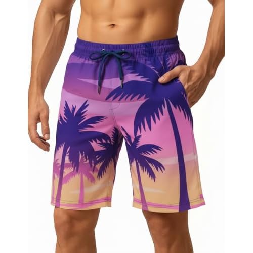 Men Swim Trunks 9 Inch with Mesh Lining Breathable Quick Dry Drawstring Pockets for Summer Beach Pool Board Small Aqua Palm