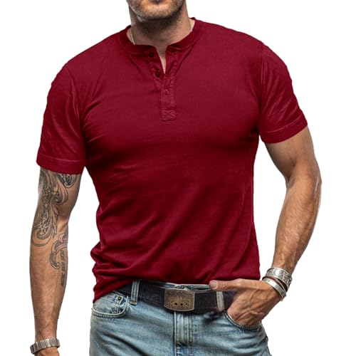 Men's Casual Henley Shirts Fashion Button Short Sleeve T-Shirt Classic Solid Color Lightweight Cotton Tee Tops