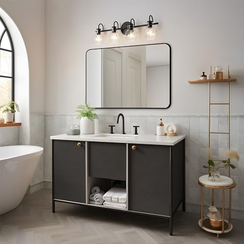 Image of KSANA Black Bathroom Light Fixtures, 4-Light Modern Farmhouse Black Vanity Lights with Clear Glass Shade Over Mirror for Hallway, Kitchen, Bedroom, and Living Room