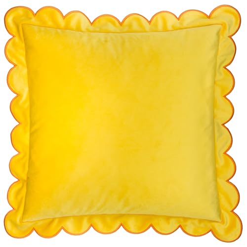 furn. Lil Scallop Cushion Cover – Colourful Velvet Piped Scalloped Edge Decorative Case (Lemon/Ginger – 45x45cm)