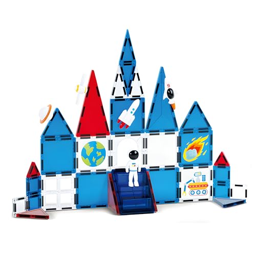 Image of Cable World Magnetic Tiles Building Blocks for Kids, Space Theme Magnetic Set with Rocket, Astronaut & Planet Theme, STEM Learning Educational Toy for Boys & Girls Age 3+ Years - 39 Pcs