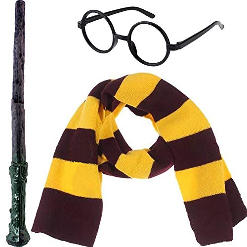 3Pcs Novelty Scarf Wizard Glasses Wand Cosplay Set Dress Up Costume Accessories Halloween Birthday Gifts Party Pretend Play Set for Kids Girls Boys