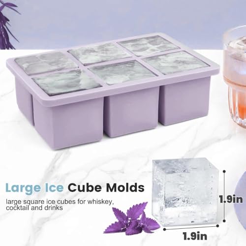 Image of Ice Cube Molds with Lid,Big Silicone Ice Cube Tray for Whiskey,2Inch Square Ice Cube Tray,Easy-Release Ice Mold,Giant Ice Cubes for Bourbon Cocktail (1, Purple)