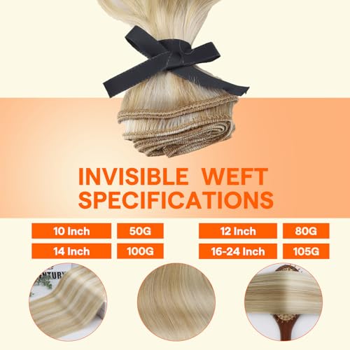 Image of Full Shine Human Hair Weft Hair Extensions For Women, Sew In Extensions | 12 Inch 80G, Color Caramel Blonde Mix Platinum Blonde, Sew In Human Hair, Remy Straight Weft, Daily Wear For Women