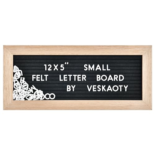 Small Felt Letter Board with 374 Letters, Numbers & Symbols - 12 x 5 inch Mini Changeable Message Board with Wooden Frame Wall Mount Hook (Black)