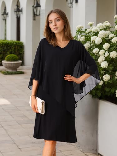 Seta T Women's Fall Dresses 3/4 Sleeve V Neck Chiffon Cape Overlay Knee Length Pencil Dress for Wedding Guest2