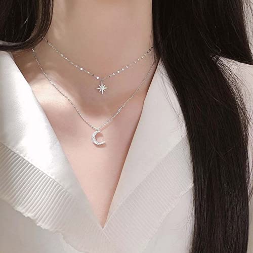 Boho Layered Crystal Star Moon Choker Necklace Silver Cz Crescent Moon Pendant Necklaces Rhinestone Northstar Necklaces Rhinestone Star Necklace Chain Jewelry for Women(Style A) 6