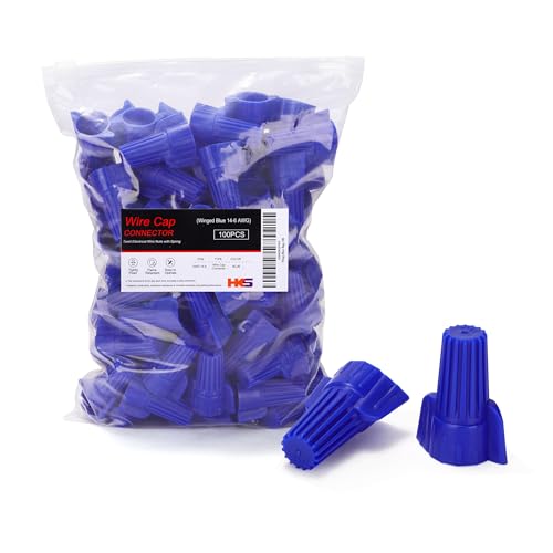 HKS 100 PCS Blue Wire Nuts - AWG 14-6 Winged Electrical Wire End Connector - Twist-On Screw Caps Insulated Insertion with Spring Portable & Quick to Connect (Blue(AWG 14-6))