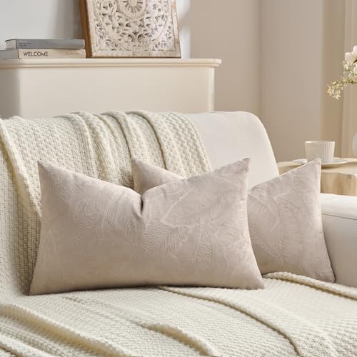Image of FUTEI Pack of 2 Velvet Throw Pillow Covers 12x20 Inch Soft Embossed Leaf-Relief Textured Decorative Lumbar Pillowcases Modern Natural Farmhouse Accent for Couch Bed Living Room, Oatmeal